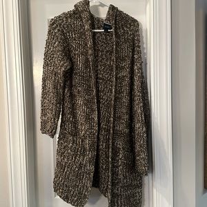 Brown knitted long cardigan sweater with hood and pockets